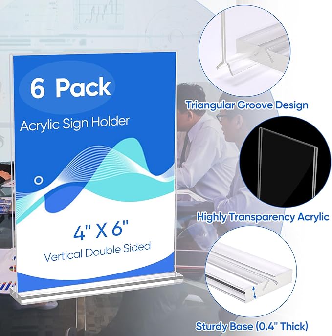 6 Pack Acrylic Sign Holder 4 x 6, Clear Double Side T Shape Acrylic Table Sign Stands for Displaying, Flyer Holder Paper Card Holder for Office Business Store Mall Restaurants