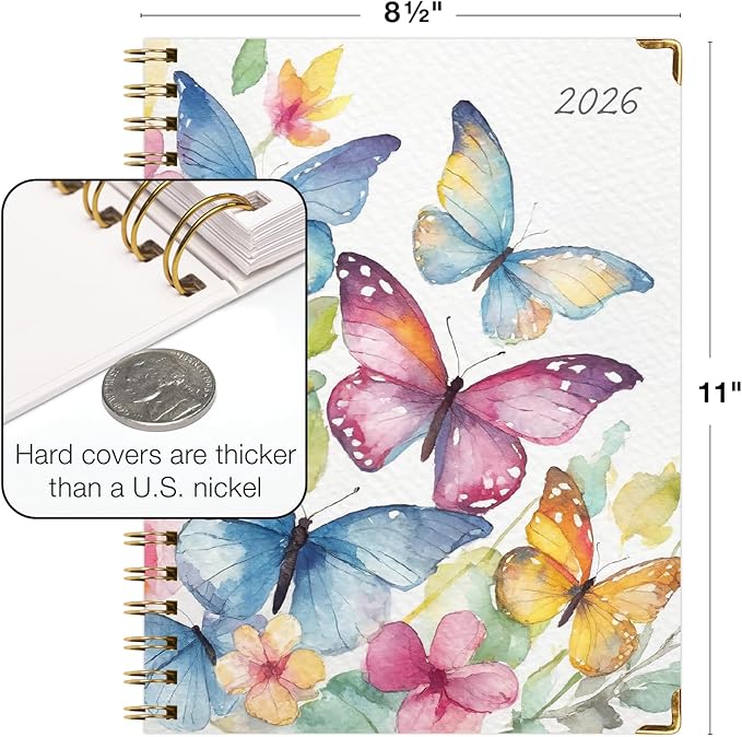 HARDCOVER 2026 Planner, 8.5"x11": 14 Months (November 2025 - December 2026), Daily Weekly Monthly Planner, Yearly Agenda, Bookmark, Pocket Folder and Sticky Note Set (Watercolor Butterflies)