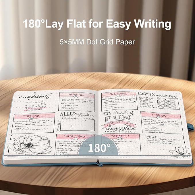 AHGXG Bullet Dotted Journal - 150 GSM Dot Grid Notebook Journal, Thick Acid-Free Paper, A5 Dotted Notebook 128 Pages, Leather Hardcover, Inner Pocket, Journal Stencil, 5.7'' × 8.3'' - Gray Blue