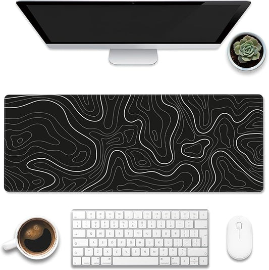 Desk Mat,Black Topographic Contour Map Desk Pad,Topographic Contour Large Gaming Mouse Pad for Desk,Extended Big Computer Keyboard Mouse Pad with Non-Slip Base and Stitched Edge,31.5"x11.8"