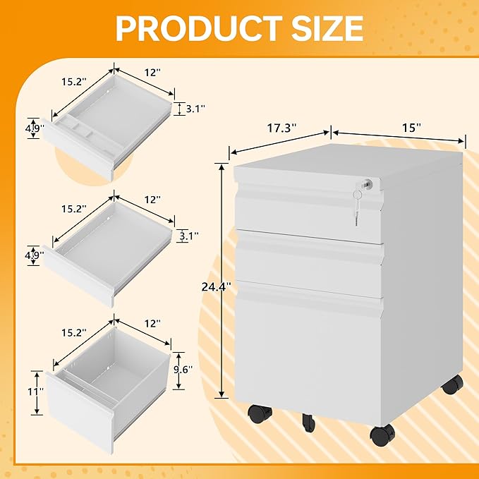 STANI Mobile File Cabinet with Lock Under Desk Metal Filing Legal/Letter File Folders Rolling Cabinet Metal File Cabinets Filing on Wheels with Drawers Assembly Required