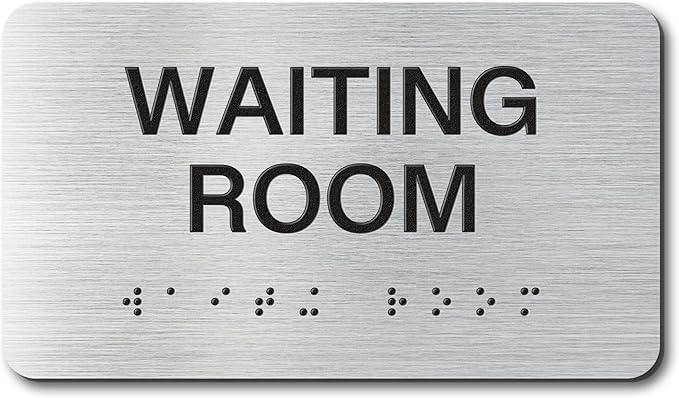 WAITING ROOM Signs with Raised Text & Grade 2 Braille, Brushed Aluminum/Silver Finish Easy Install with Double-Sided Tape, ADA Compliant Storage Room Door Sign for Businesses & Offices