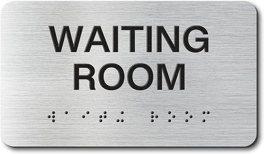 WAITING ROOM Signs with Raised Text & Grade 2 Braille, Brushed Aluminum/Silver Finish Easy Install with Double-Sided Tape, ADA Compliant Storage Room Door Sign for Businesses & Offices