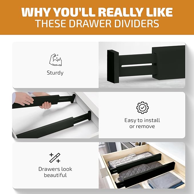 Large Kitchen Drawer Organizer - Expandable Bamboo Drawer Dividers (17" - 21.5") - Adjustable Separators for Kitchen, Clothes, Dresser, Bedroom, Bathroom, and Desk Drawers - 6-Pack (Black)