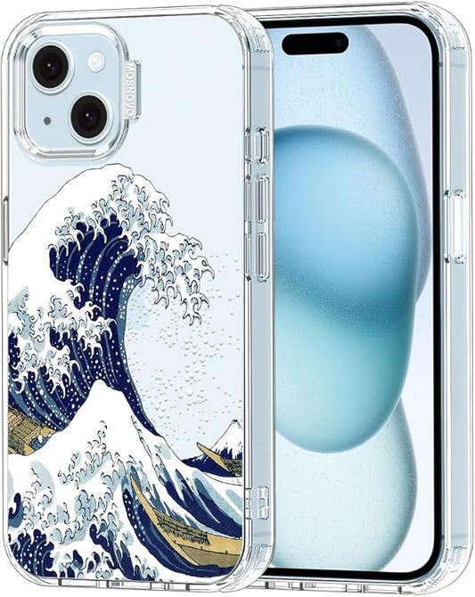 MOSNOVO Case for iPhone 15 Plus/iPhone 14 Plus, [Buffertech 6.6ft Military-Grade Drop Protection] [Anti Peel Off Tech] Clear TPU Bumper Phone Case Cover Design - Great Wave