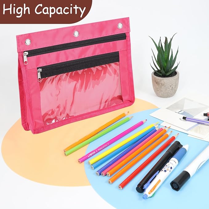 YoeeJob 1 Pack Pencil Pouch for 3 Ring Binder, Expandable Binder Pouches with Zipper, Large Capacity Pen Holder Case with Clear Window School Class Office Organizers, Rosy