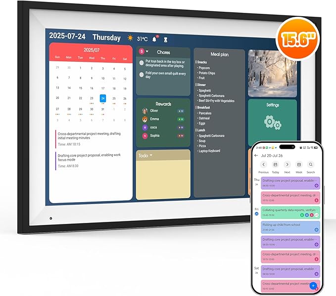 Digital Calendar 15.6" Smart Calendar&Chore Chart, 1920*1080 Interactive Touchscreen Electronic Calendar for Family Schedules, 64GB Wifi Meal Planner, Wall&Desk Mountable, 2025 Calendar-Black