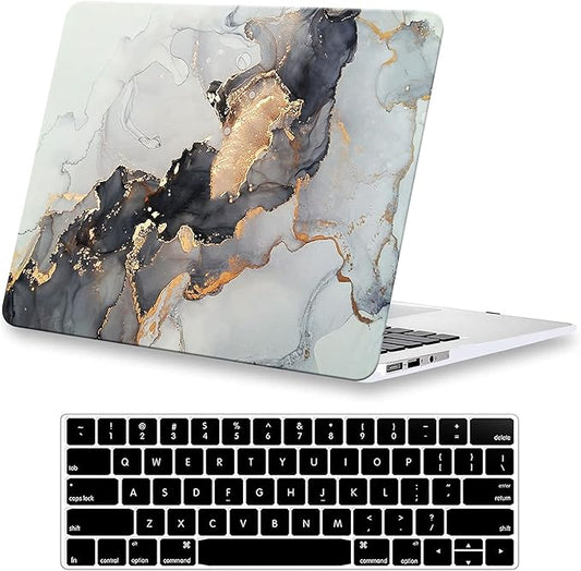KEROM Compatible with MacBook Air 13 inch Case 2021 2021 2020 2019 2018 Release M1 A2337 A2179 A1932, Protective Plastic Hard Shell Case & Keyboard Cover, Has Logo Cutout, Blue Gold Marble