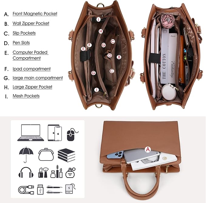 RAINSMORE Laptop Bag for Women 15.6 Inch PU Leather Laptop Tote Professional Business Office Work Bag Waterproof Briefcase Computer Tote Bag Large Lightweight Handbag Shoulder Bag