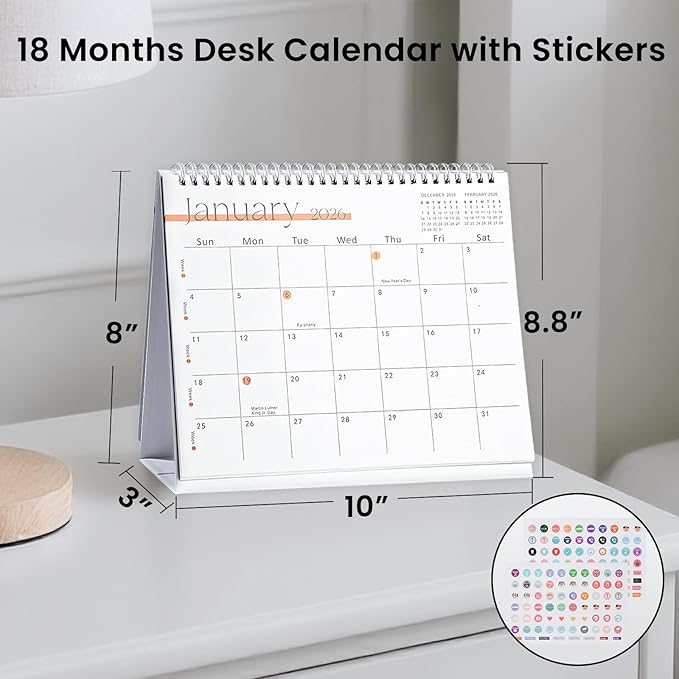 Desk Calendar 2025-2026,July 2025 to Dec 2026 18 Months Standing Flip Desk Calendar with Stickers,10" x 8" Desktop Calendar for Home Office School,White