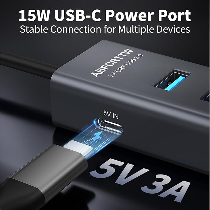 4Ft 7-Port USB 3.0 Hub for Desktop - Aluminium USB Extender Hub 5Gbps, USB Multiport Adapter, USB Splitter, USB Hub Long Cable for Desktop, PC, Flash Drive, Mobile HDD, Windows/XPS, 1.2m