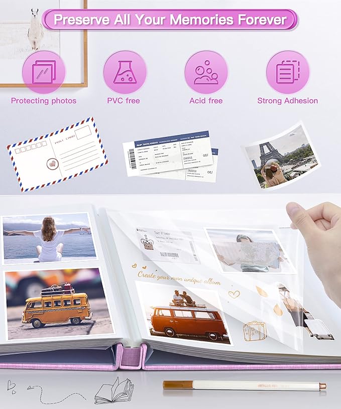 Popotop Photo Album Self Adhesive Scrapbook Album for 4x6 5x7 8x10 Pictures DIY Photo Book as Scrapbooking Supplies Kits, Birthday Gifts for Women Mom Wedding Baby Family Travel