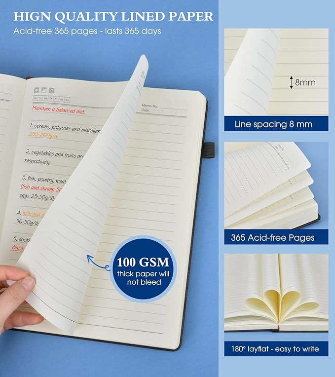 A5 Lined Journal Notebook - 365 Page Leather Journals for Writing Women & Men，Hardcover Notebook with 100Gsm Thick Pages，Daily Diary for Travel, Work，School，Note Taking，College Ruled (5.9" x 8.5")