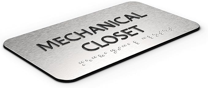 ADASigns Mechanical Closet Sign 7" W x 4" H - Durable Brushed Aluminum with Grade 2 Braille - Easy Installation with Strong Double-Sided Tape - ADA Compliant Office Door Signs for Businesses & Offices