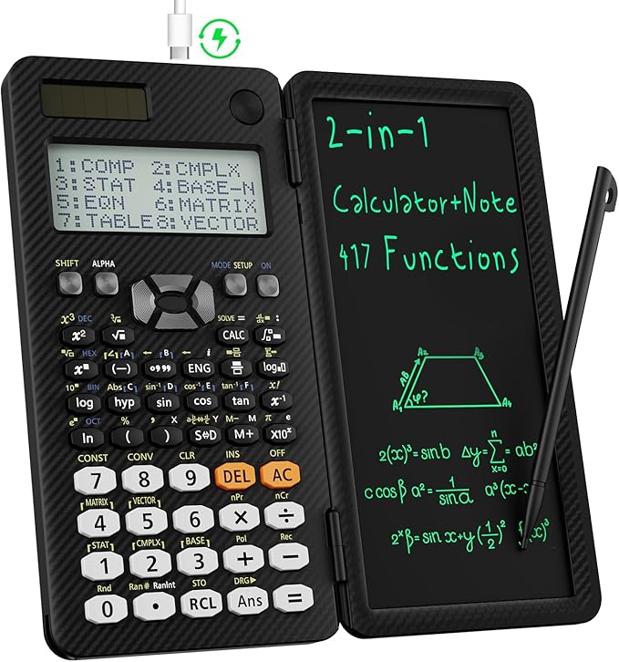 Rechargeable ROATEE 991ES MAX Scientific Calculators, CalcNote Multiview 4-Line Display with LCD Writing Tablet Notepad, Foldable Portable for Business High School College Students and Teacher(Black)