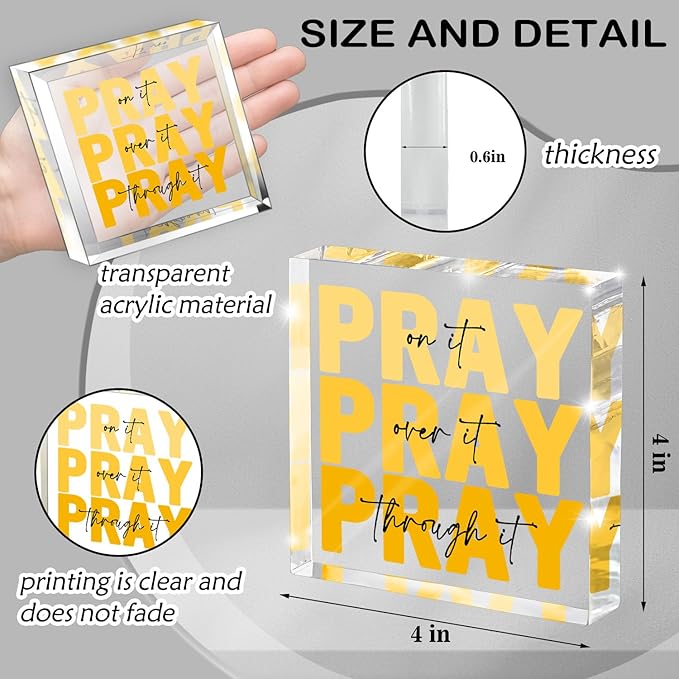 Yellow Dorm Room Decor for Women, Ideal Christian Gifts for Women - Pray On It,Pray Over It - Bible Verse Desk Art, Inspirational Decor, Desk Decorations for Office, 4 x 4 inches（Yellow）