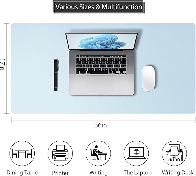 Mouse Pad Desk Protector Mat, Large PU Leather Office Desk Mat, Non-slip Desk Pad for Keyboard and Mouse, Waterproof Desk Blotter Pad for Writing, Wide & Smooth Laptop Desk Pads, Baby Blue (17’’X36’’)