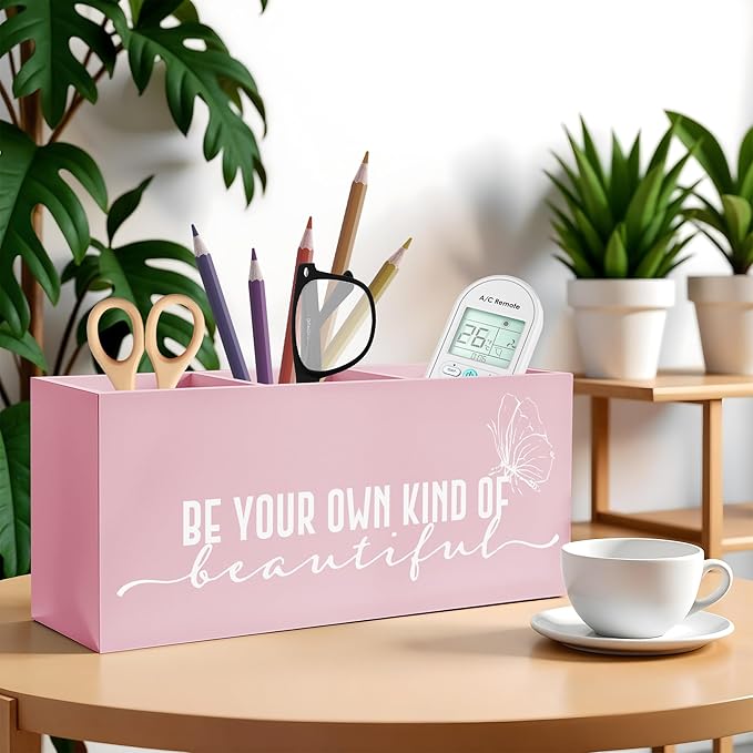Be Your Own Kind of Beautiful Makeup Brush Toothbrush Holder, Pink Inspirational Wooden Pen Pencil Holder Organizer for Dorm Bedroom Desk Accessories, Back to School Gifts for Girls