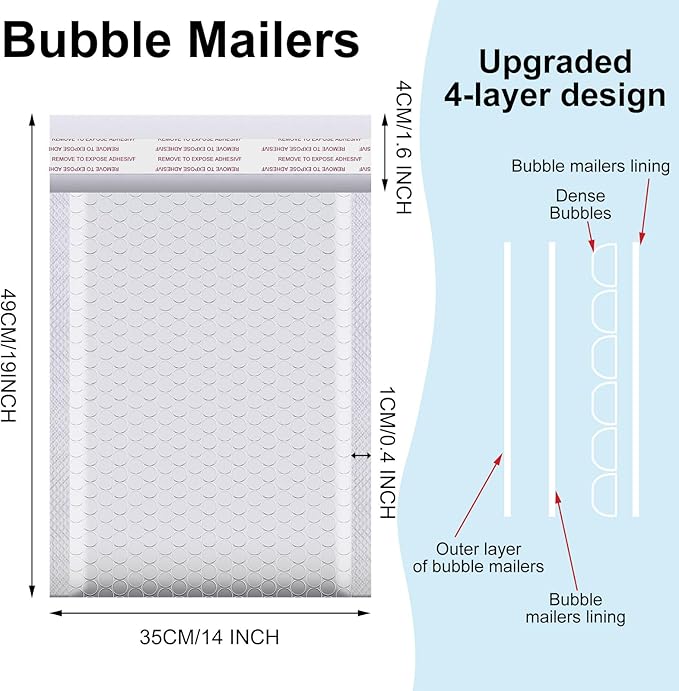 Henoyso 30 Pcs Extra Large Bubble Mailers 14 x 19 Inches Resealable Padded Envelopes Waterproof Shipping Bags Poly Padded Mailers Bulk for Mailing Packaging Small Business(White)