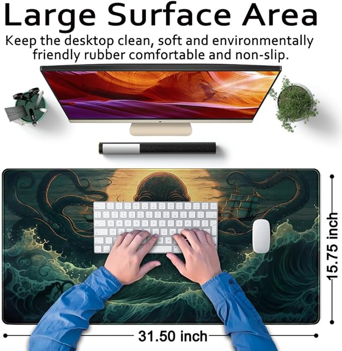 Octopus Anime Desk Pad Ocean Large Mouse Pad Gaming, Extended Kanagawa Desk Mat Pad XL Mousepad 31.5" X 15.7 ", with Anti-Slip Desk Keyboard Stitched Edges Long Computer Keyboard Mat