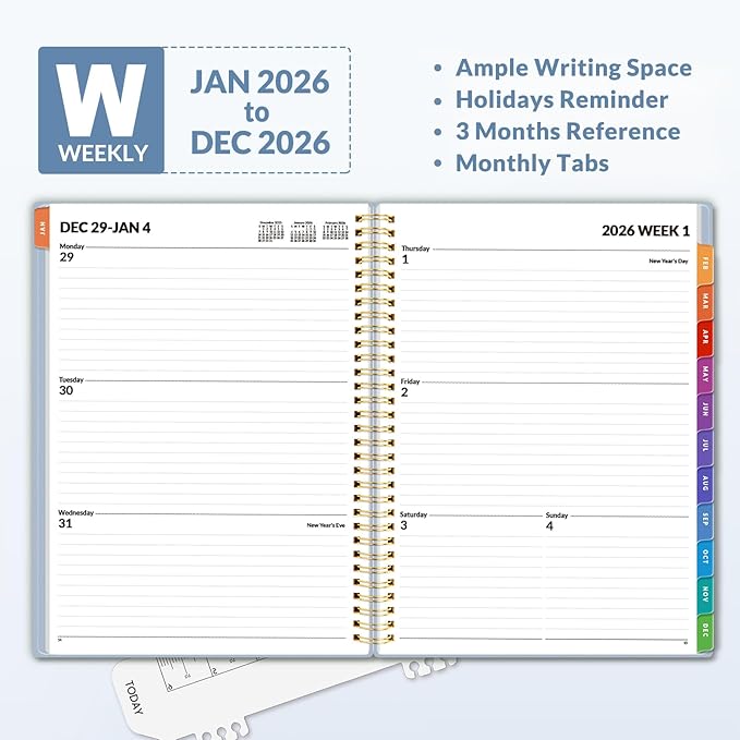 SUNEE 2026 Weekly and Monthly Planner - from January 2026 - December 2026, 8.5"x11" Daily Agenda Planner with Monthly Tab, Flexible Cover, Note Pages, Pockets, Bookmark, Spiral Binding, Gray Blue