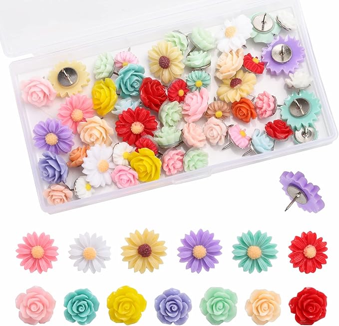 Flower Decorative Push Pins 50Pcs for CorkBoard Office or Home