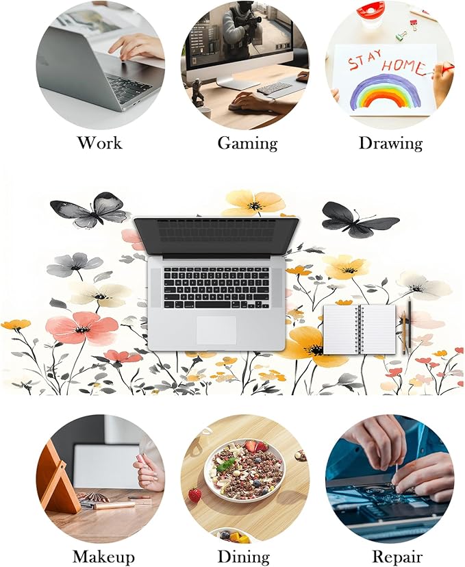 Mrcrypos Wildflowers Large Mouse Pad Butterfly Desk Mat for Desktop, Waterproof Desk Pad with Stitched Edges, Computer Keyboard Gaming Mouse Pads for Women Office Home 31.5" x 15.7"