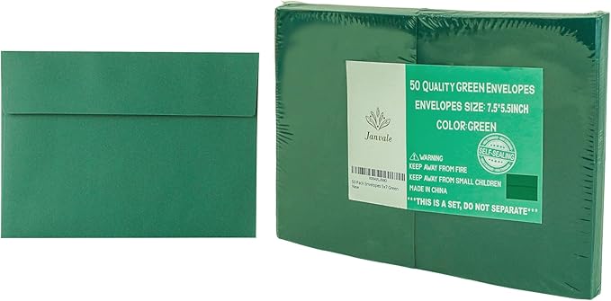 Green Envelopes, 50 Pack, 5 x 7 Inch, A7, Dark Green, 120gsm Paper for Invitations, Wedding, Birthday, Personalize Gift, Postcard