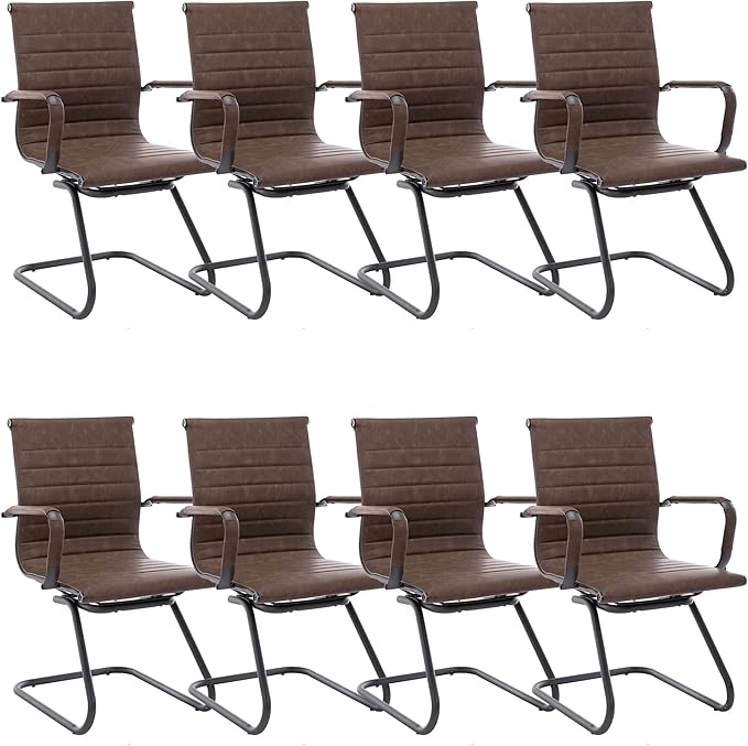 Office Desk Chair No Wheels Set of 8 PU Leather Computer Chairs Mid Back Guest Chairs for School Reception Conference Waiting Room, Vintage Brown
