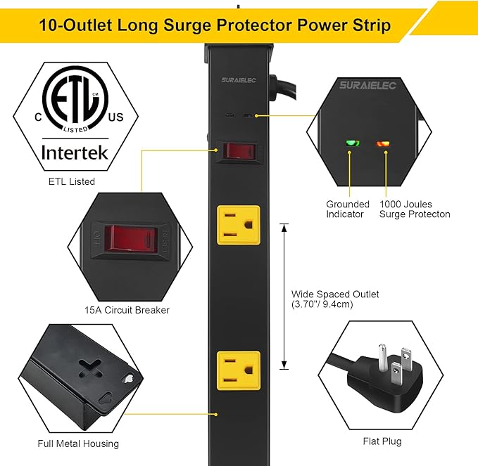 SURAIELEC 10 Outlet Long Power Strip Surge Protector, Industrial Heavy Duty Metal Shop Power Strip Flat Plug, 1000 Joules, 15 A Breaker, 6FT Cord, Wall Mountable, for Work Bench, Shop, Garage, 2 Pack