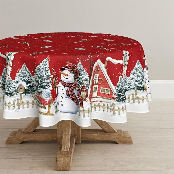 Horaldaily Christmas Tablecloth 90×90 Inch Round, Winter Snowman House Christmas Trees Red Washable Table Cover for Party Picnic Dinner Decor