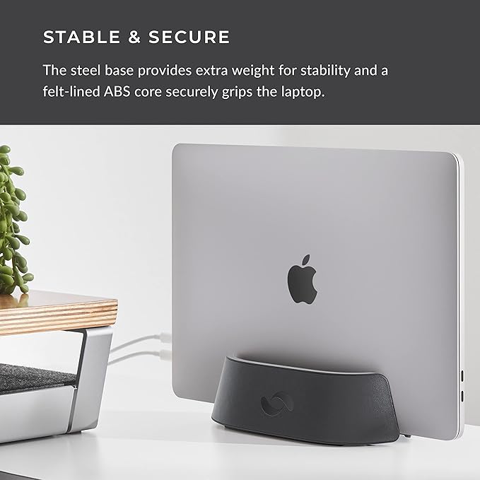 HumanCentric Vertical Laptop Stand in Vegan Black Leather, Upright Adjustable Holder and Dock, Laptop Vertical Stand Fits MacBook Pro and Other Laptops .5" to 1.5", Clamshell Compatible