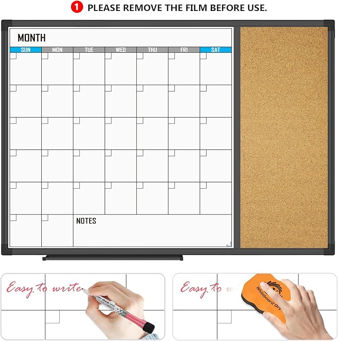 XBoard Dry Erase Calendar Whiteboard 28 X 20 - Combo White Board Calendar Monthly, Magnetic White Board + Corkboard with Black Aluminum Frame