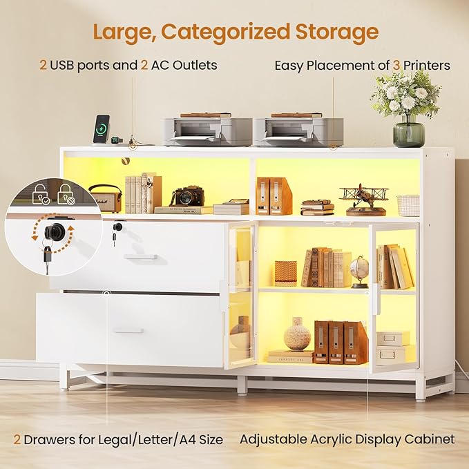 SEDETA 59" File Cabinet, 2 Drawers Filing Cabinets for Home Office fit Legal/Letter/A4 File, File Cabinet with Lock & Power Outlets, Printer Stand with Storage & LED Lights, White