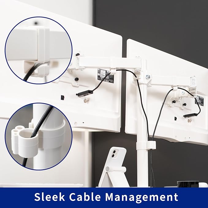 VIVO Freestanding Dual Monitor Stand with Sleek Glass Base and Adjustable Arms, Mounts 2 Screens up to 32 inch and 22 lbs Each, White, STAND-V002FGW