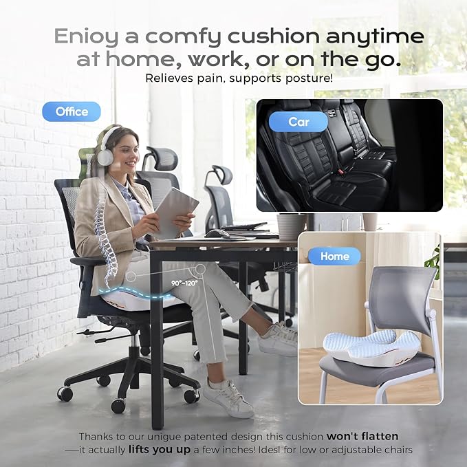 Seat Cushion for Tailbone Pain Relief X-Large ,Ergonomic Office Chair Cushions for Butt Hip Lower Back & Sciatica Pain Relief Pillow,Pressure Relief Seat Cushion for Long Sitting, Car & Plane（Blue)