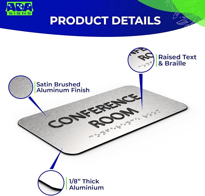 ADASigns Conference Room Sign 7" W x 4" H Durable Brushed Aluminum with Grade 2 Braille - Easy Installation with Double Sided Tape - ADA Compliant conference sign for Office, Universities & Businesses