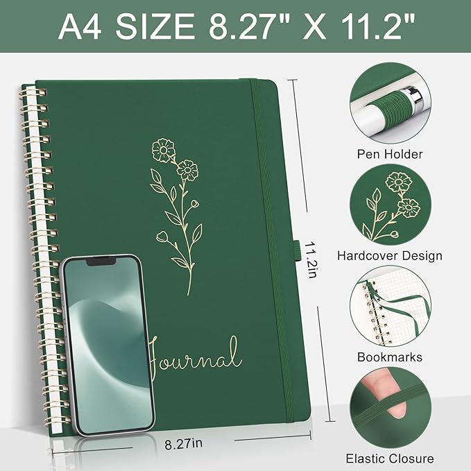 EMSHOI A4 Graph Grid Notebook - 110 Pages 100GSM Grid Paper, Vegan Leather Floral Cover with Spiral Binding for Engineering, Bullet Journaling, School & Work - Includes Ruler, Pockets -Dark Green