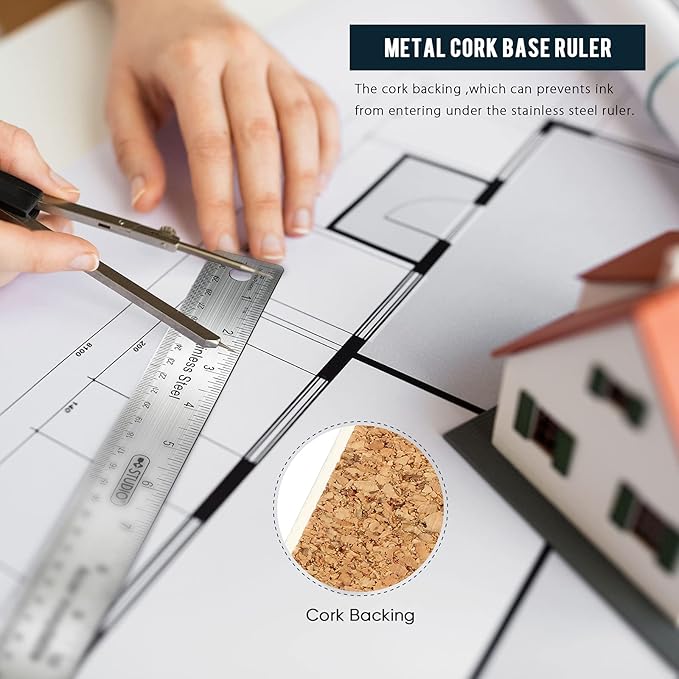 Frienda 2 Pcs Metal Ruler Cork Backed 6 Inch and 12 Inch Stainless Steel Rulers with Cork Backing Non Slip Straight Edge Measure Ruler for Student Graduation Back School Supply