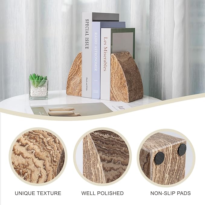 Koville Travertine Bookends for Shelves, Large Stone Bookends for Heavy Books, Non-Slip Heavy Duty Book Stopper for CD/Movies, Aesthetic Decorative Book Ends for Bookshelf Table Home Decor(Brown)