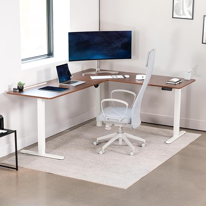 VIVO Electric Corner L-Shaped 75 x 63 in Standing Desk, Memory Height Adjustment, Dark Walnut Top White Frame, DESK-E3CTWD-75