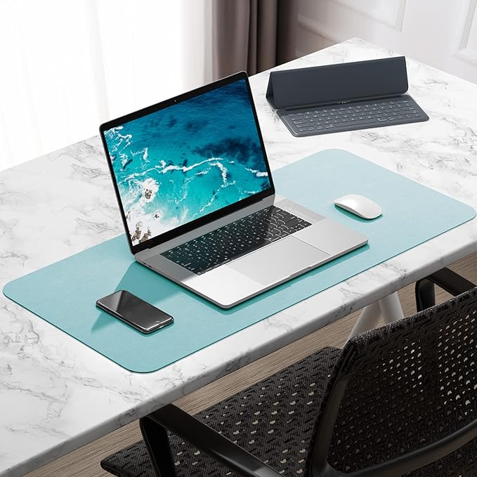 Hsurbtra Desk Pad, 30" x 14" PU Leather Desk Mat, XL Extended Mouse Pad, Waterproof Desktop Blotter Protector, Non-Slip Ultra Thin Large Laptop Keyboard Writing Mat for Office Home, Lake Blue