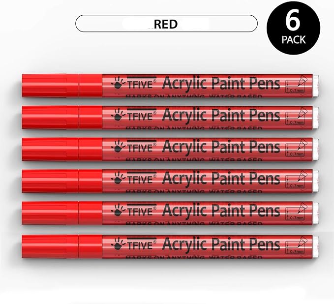Red Marker Paint Pens - 6 Pack Acrylic Red Permanent Marker, 0.7mm Extra Fine Tip Paint Pen for Art projects, Drawing, Rock Painting, Stone, Ceramic, Glass, Wood, Plastic, Metal, Canvas DIY Crafts