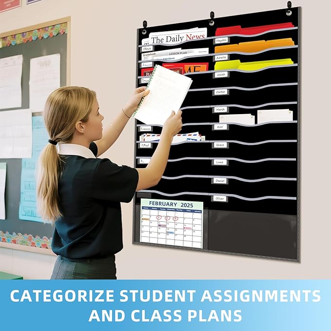 22 Pockets Hanging Wall File Organizer, Sturdy Legal/Letter Size Manila File Folders Organizer, Classroom Pocket Chart with 2 Writable Clear Pockets, 6 Wall/Door Hooks & 24 Labels (Black)