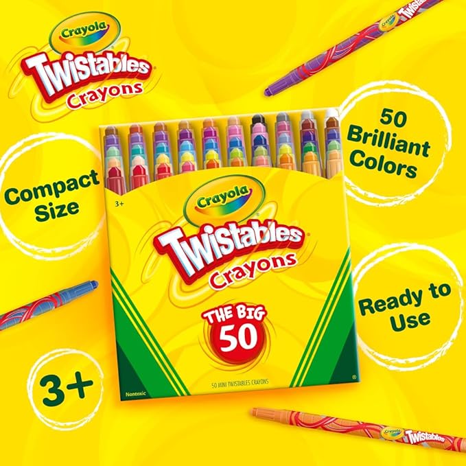 Crayola Mini Twistables Crayons for Kids (50ct) Stocking Stuffers & Holiday Gifts, No Peel Toddler Crayons for Coloring Books, Arts & Crafts Supplies, 3+