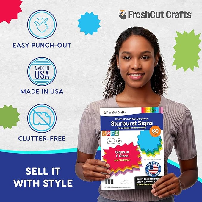 FreshCut Crafts 80 pcs Starburst Signs Multicolor Blank Tags in 2 Sizes for Retail Sales, US Made Card Stock Punch Out Signs for Garage Sale Yard Sale Bulletin Board Decoration