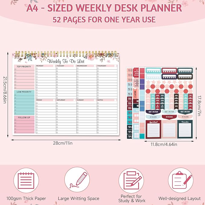 Weekly To Do List Notepad with 52 Undated Sheets, 8.5"×11" Weekly Desk Planner Undated Weekly Planner with Spiral Bound for Women & Man Home School and Work, Pink