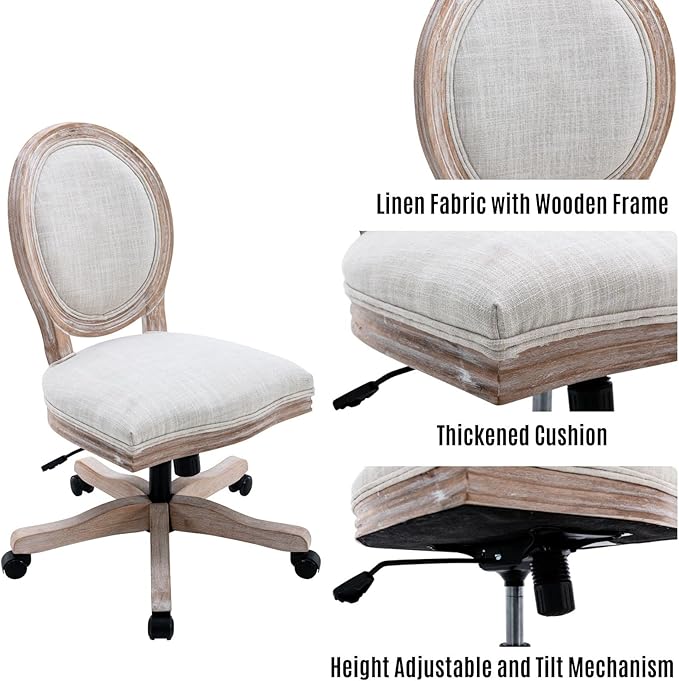 LukeAlon Vintage Linen Office Chair, Adjustable Height Swivel Task Chair with Wood Frame Armless Desk Chair with Wheels Upholstered Round Back Vanity Chair for Home Office Study Room, Beige