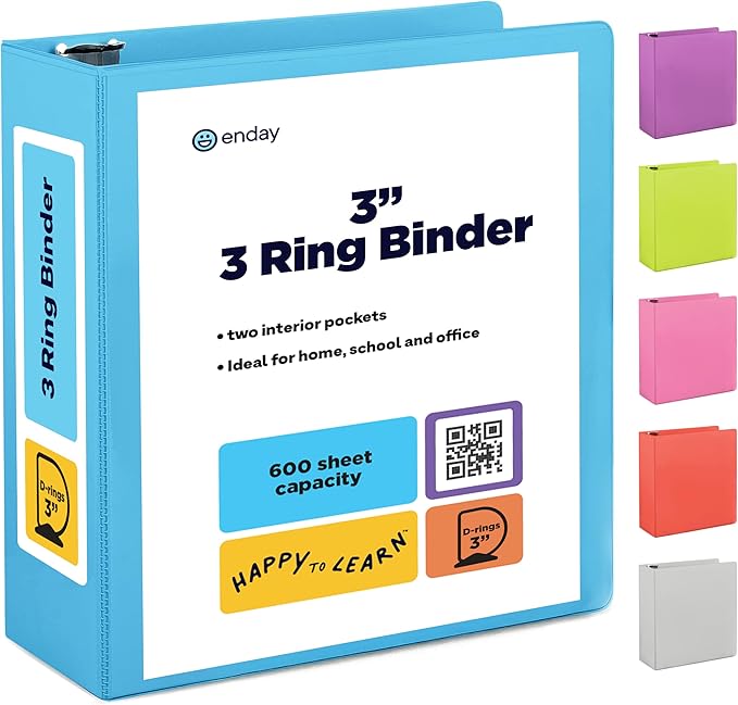 3 Inch Binder 3 Ring Binders Blue, Slant D-Ring 3” Clear View Cover with 2 Inside Pockets, Heavy Duty Colored School Supplies Office and Home Binders – by Enday