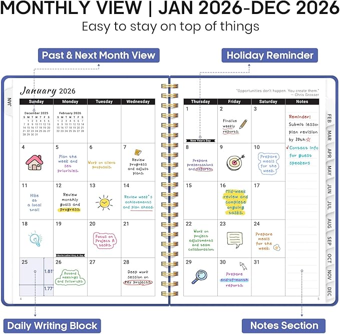 2026 Planner 8.5" x 11", Weekly and Monthly Calendar Planner Book, January 2026 - December 2026, Hardcover Spiral Planner with Monthly Tabs, Notes Pages, Perfect for Women & Men, A4 - Royal Blue